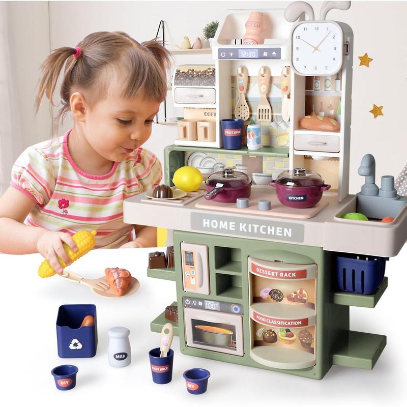 Kitchen Playset, s Pretend Play Kitchen Set with Cooking Stove,Simulation of Spray, Play Sink and Play Food - Toy Kitchen for Toddlers (Green)