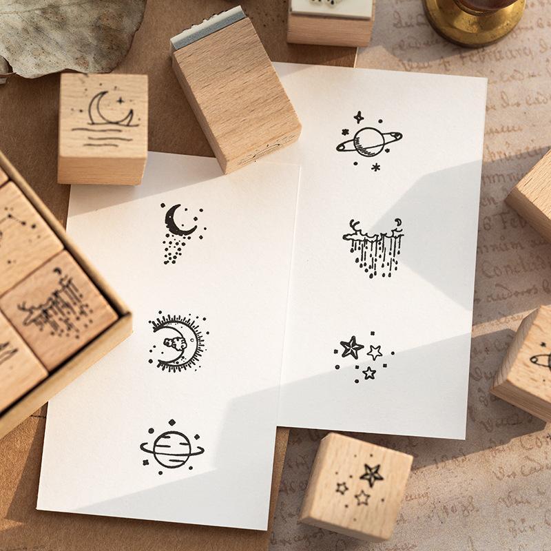 Moon & Star & Planet Pattern Stamp Set, 16pcs set Simple DIY Stamp for Scrapbooking & Journal Making, Office Stationery Supplies