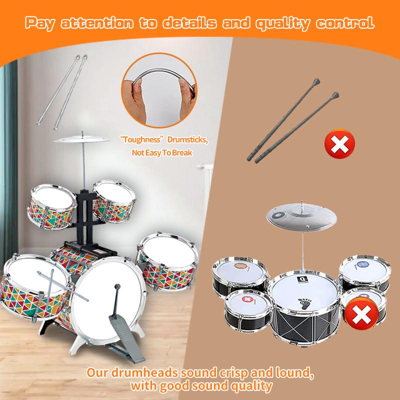 Children JAZZ Drum Set with Stool Pedal - 5 Drums Musical Instruments for Early Education and Christmas Gift for Girls and Boys