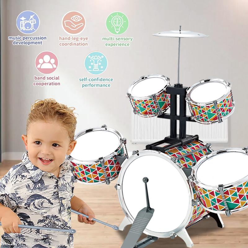 Children JAZZ Drum Set with Stool Pedal - 5 Drums Musical Instruments for Early Education and Christmas Gift for Girls and Boys