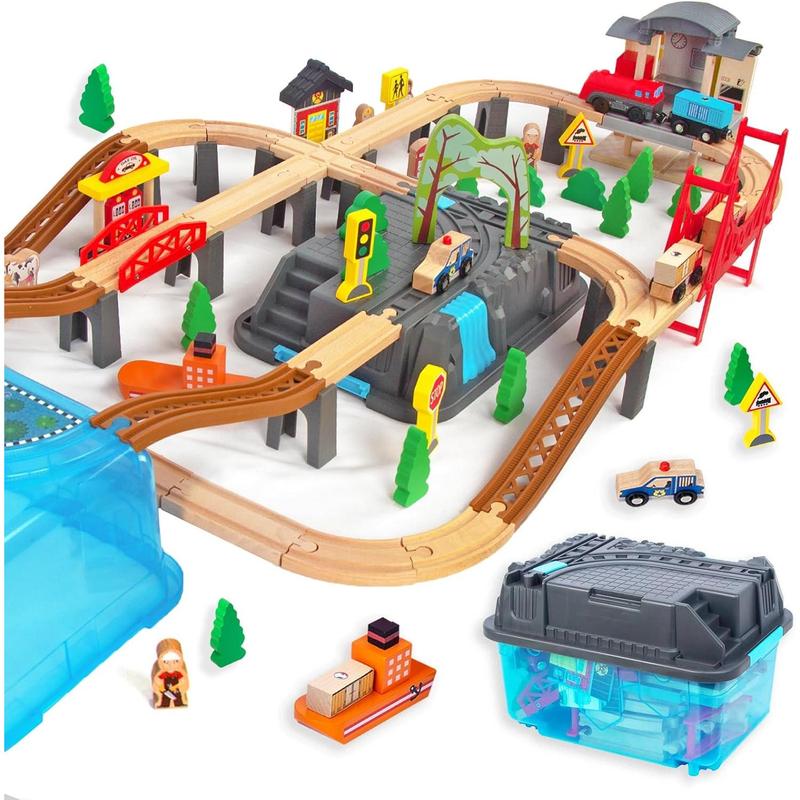 100 count Wooden Train Set for 3 Year Old Boys, Double-Side Train Set Tracks with Bridge Train Station & Storage Box, Fits Brio, Thomas, Melissa and Doug, Kids Gift Toys for Boy 3-7 (100pcs)