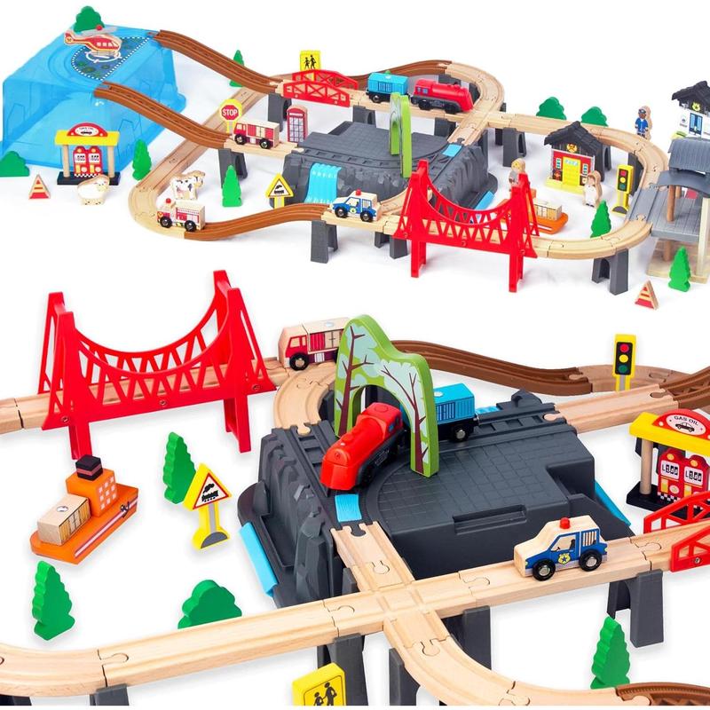 100 count Wooden Train Set for 3 Year Old Boys, Double-Side Train Set Tracks with Bridge Train Station & Storage Box, Fits Brio, Thomas, Melissa and Doug, Kids Gift Toys for Boy 3-7 (100pcs)