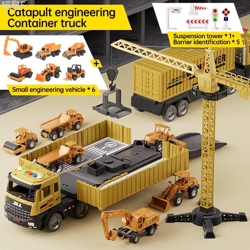 1 Set Construction Vehicle Playset, 5-Truck & 1 Tower, Durable Plastic Construction Toy Set with Removable Container, Includes Excavator, Dump Truck, Crane, Loader, Bulldozer - Educational Toy for Kids, Ideal for Christmas & Birthday Gifts