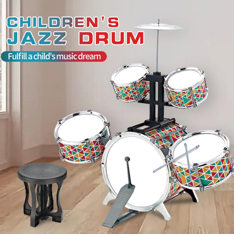 Children JAZZ Drum Set with Stool Pedal - 5 Drums Musical Instruments for Early Education and Christmas Gift for Girls and Boys