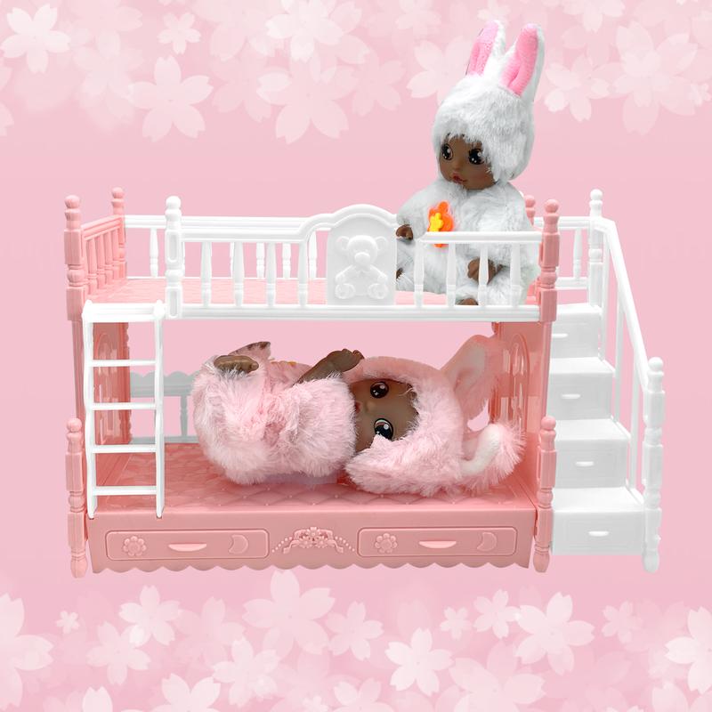 3 Pcs Mini Baby Dolls with Bunk Bed Set, Black Baby Dolls, African American Baby Dollhous, Little Mini Reborn Babies, Cute Doll for Girls Kids, Birthday Baby Shower Party Gifts, Pink Green reborn baby lovely doll