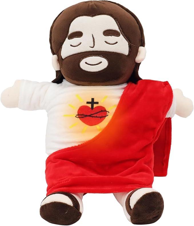 J　e　s　u　s Plush Breathing Soothing Jesus Stuffed Animal Heart of Jesus Toy Savior Doll for Church Sunday School Religious Easter Gift for Kids(No battery)