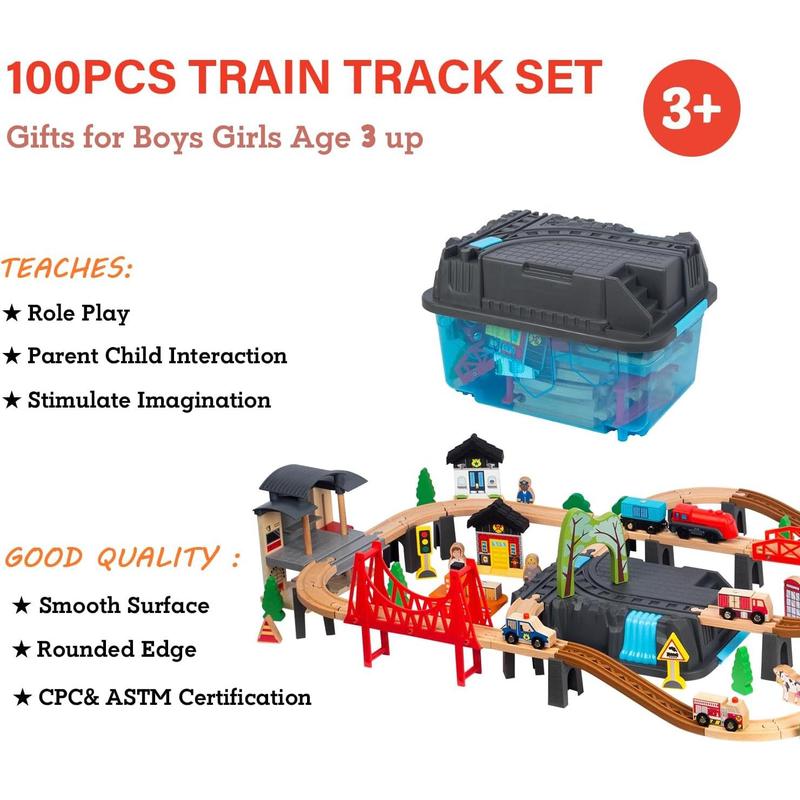 100 count Wooden Train Set for 3 Year Old Boys, Double-Side Train Set Tracks with Bridge Train Station & Storage Box, Fits Brio, Thomas, Melissa and Doug, Kids Gift Toys for Boy 3-7 (100pcs)