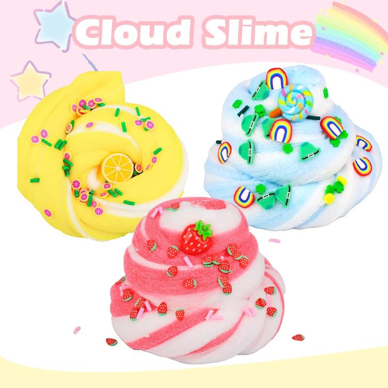 9 Pack Cloud Slime Kit, with Lemon Rainbow Grape Strawberry Ice Cream Flower Avocado Lollipop Blue Cute Slime Charms, Soft and Non-Sticky, Party Favors Fun Stress Relief Toy for Girls and Boys