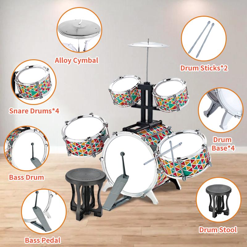 Children JAZZ Drum Set with Stool Pedal - 5 Drums Musical Instruments for Early Education and Christmas Gift for Girls and Boys