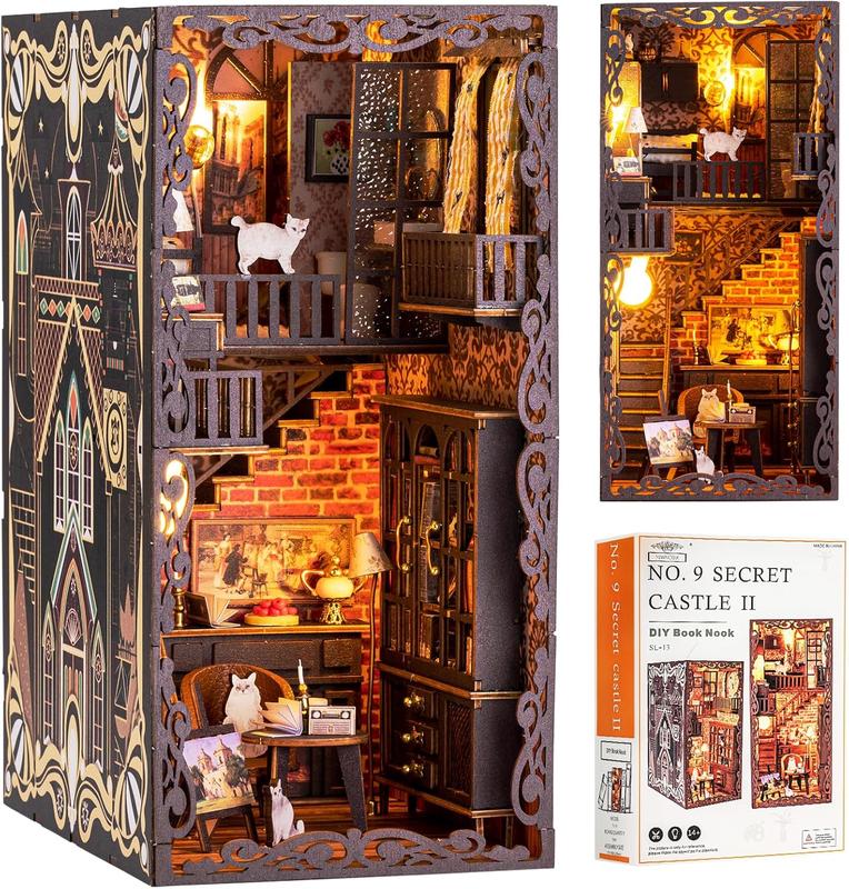 Book Nook Kit for Adults Teens, 3D Puzzles for Adults Bookshelf Decor, Wooden Booknook with Sensor Light, DIY Kits for Adults Crafts, Christmas Birthday Gifts for Him (Booknook Secret Castle)