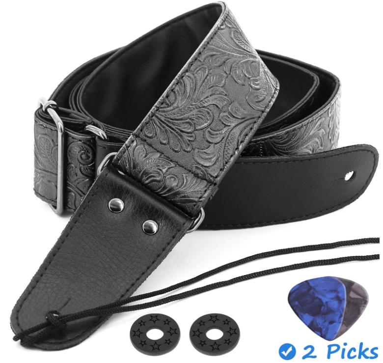 Guitar Strap, Printed Leather Guitar Strap PU Leather Western Vintage 60's Retro Guitar Strap with Genuine Leather Ends for Electric Bass Guitar,Wide Adjustment Range, with Tie,Include 2 Picks,Black