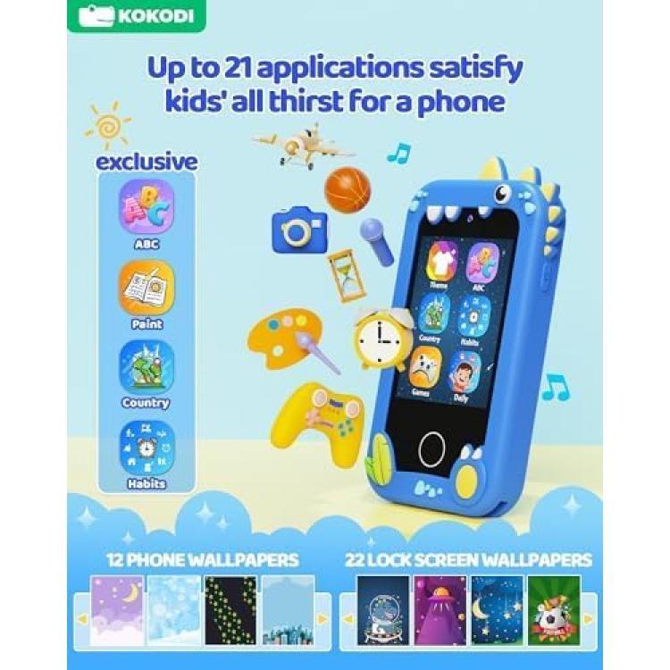 Kids Smart Phone Toys, Touchscreen HD Dual Camera Cell Phone for Kids, Christmas Birthday Gifts Dinosaur Toddler Play Phone for Boys 3-10, Travel Toy Preschool Learning Toy for Kids