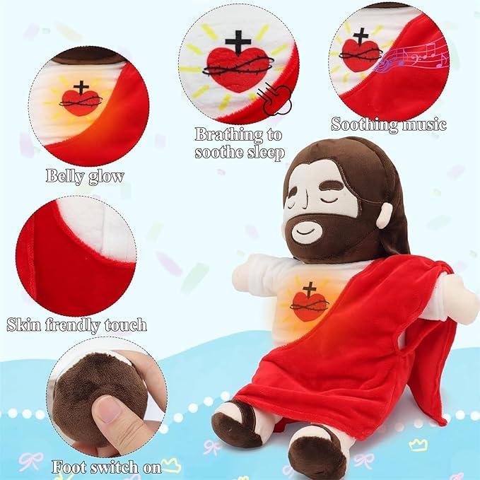 J　e　s　u　s Plush Breathing Soothing Jesus Stuffed Animal Heart of Jesus Toy Savior Doll for Church Sunday School Religious Easter Gift for Kids(No battery)