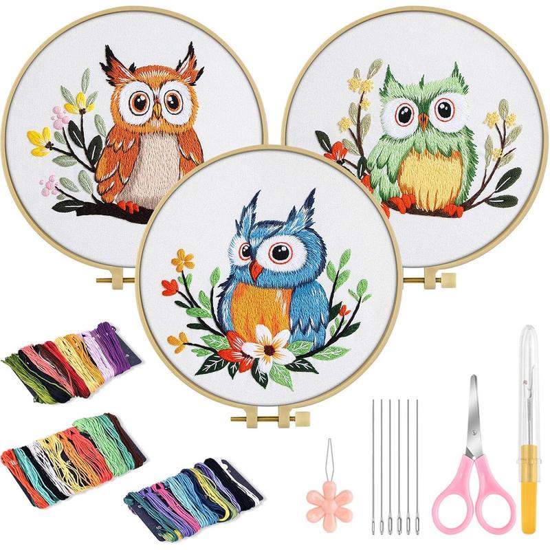 Embroidery Kit for Adults, Owl Embroidery Practice Kit for Adult Beginners Include Embroidery Cloth Hoops Threads for Craft Lover Hand Stitch with Embroidery Skill Techniques