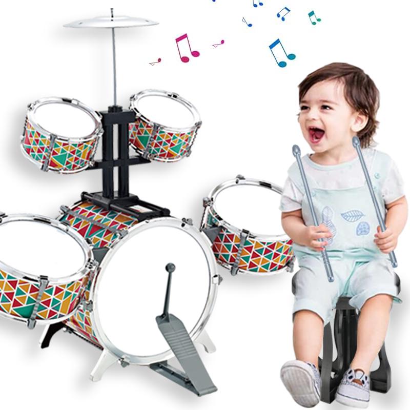 Children JAZZ Drum Set with Stool Pedal - 5 Drums Musical Instruments for Early Education and Christmas Gift for Girls and Boys