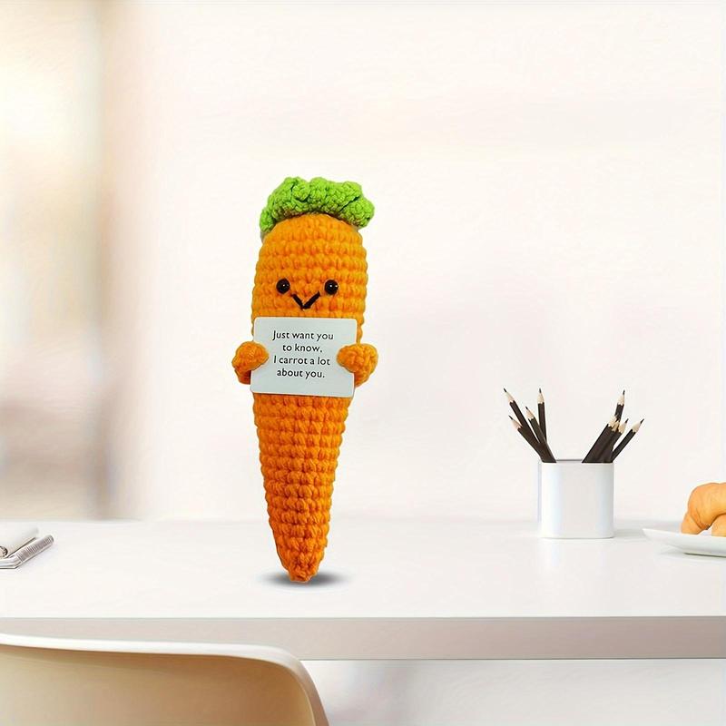 Cartoon Carrot Design Crochet Toy, 1 Count Cute Knitted Soft Toy with Encouragement Card, Birthday Gift for Friends, Home Decor for Bedroom & Office