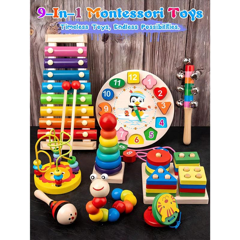 9 In 1 Toddler Musical Instruments, Wooden Percussion Instruments For Baby Kids Preschool Educational Musical Toys Set Boys And Girls