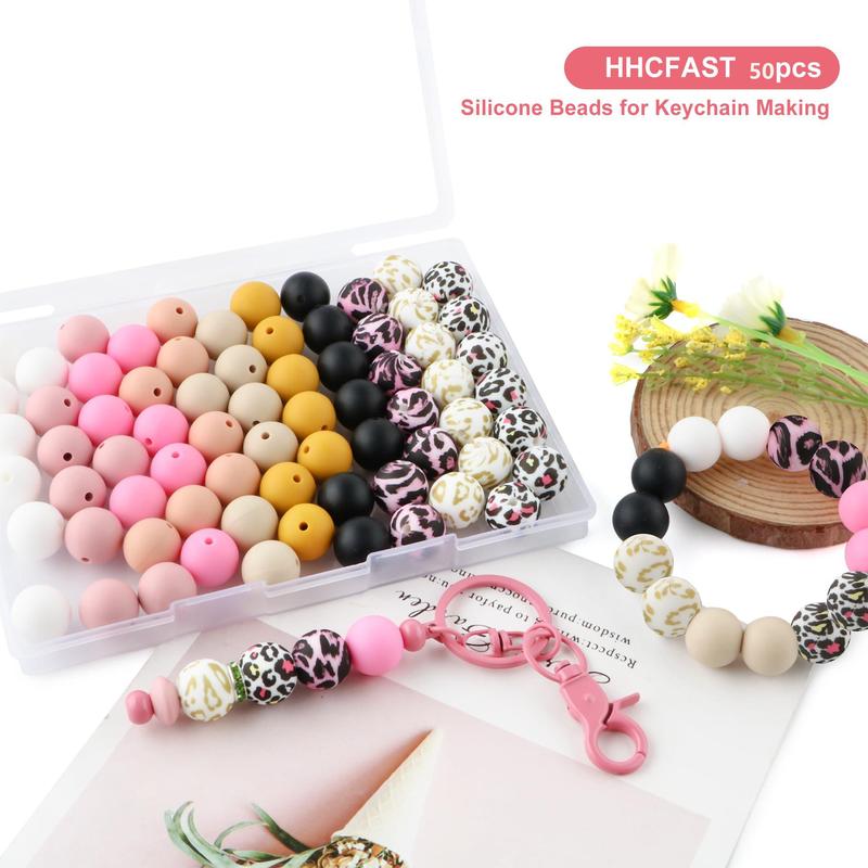 Mixed Color Bead (50pcs set), Leopard Pattern & Solid Color Silicone Bead, DIY Handmade Necklace, Plastic Pen Bead, Keychain, Car Decoration Chain, Bag Chain, Phone Chain, Bracelet Jewelry Supplies