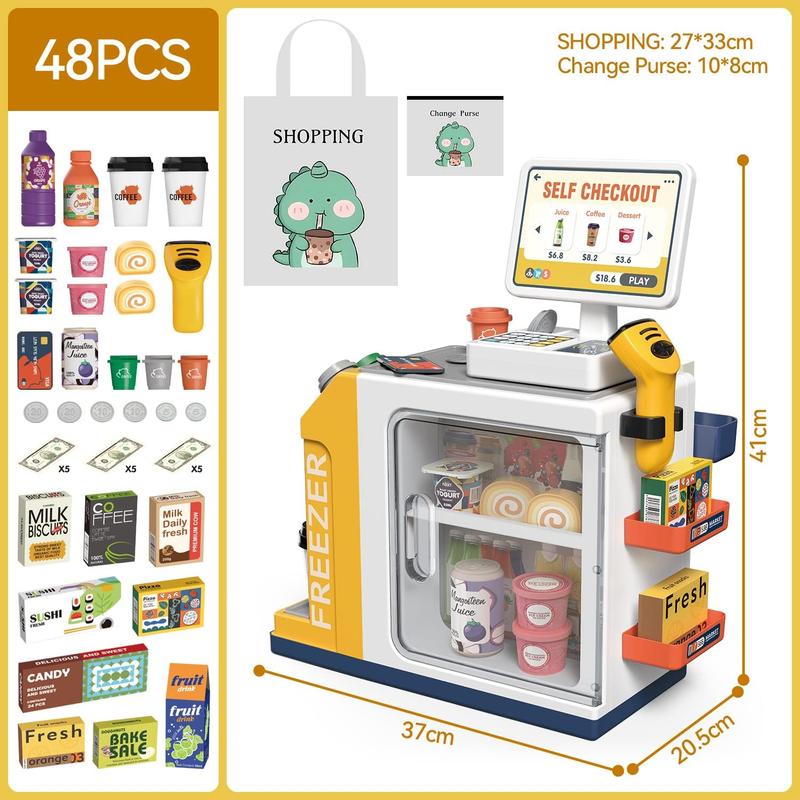 48PCS Christmas Gift Cash Register Playset for Kids - Pretend Play Money, Calculator, Scanner, Credit Card and Play Food - Ages 3+ (668-125)