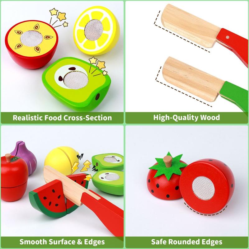 Chrismas 30 Pcs Wooden Play Food Sets for Kids Kitchen Accessories, Velcro Fruit and Veggies for Toddlers, Velcro Fruit Cutting Toys for Kids, Color Sorting Play Food Set, Play Food for Toddlers 1-3