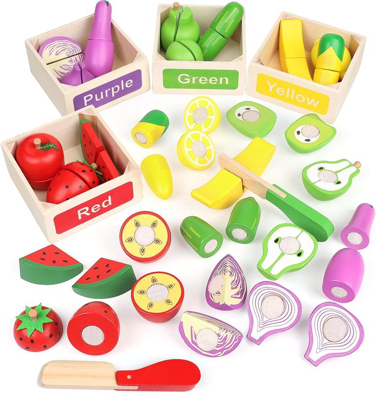 Chrismas 30 Pcs Wooden Play Food Sets for Kids Kitchen Accessories, Velcro Fruit and Veggies for Toddlers, Velcro Fruit Cutting Toys for Kids, Color Sorting Play Food Set, Play Food for Toddlers 1-3