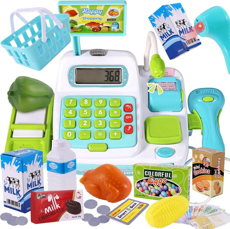 christmas gift for kids 49PCS Pretend Play Cash Register Toy Set for Kids with Real Calculator, Scanner, Microphone, Conveyor Belt,Playset - Green