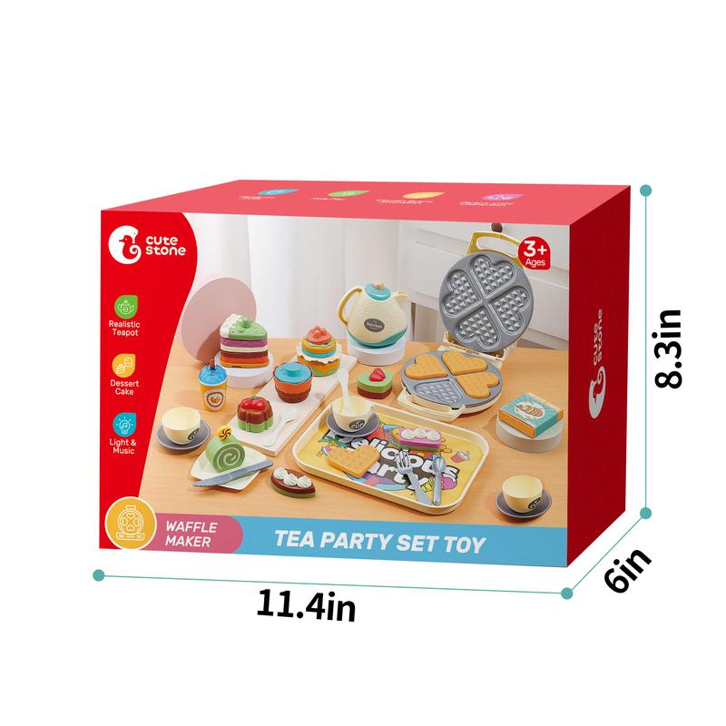 Toy Tea Set , 42 PCS Tea Party Set, Toy Waffle Maker with Light & Music, Including Dessert Cake, Teapot, Play Food for Kitchen Set, Gift for Birthday Christmas