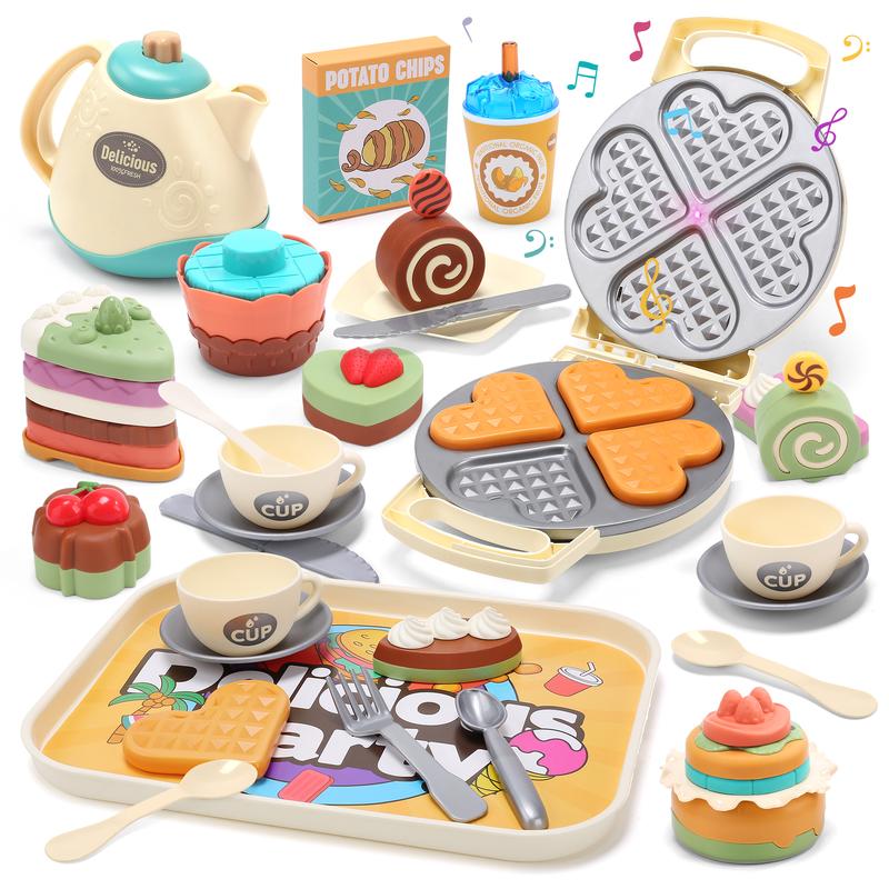 Toy Tea Set , 42 PCS Tea Party Set, Toy Waffle Maker with Light & Music, Including Dessert Cake, Teapot, Play Food for Kitchen Set, Gift for Birthday Christmas