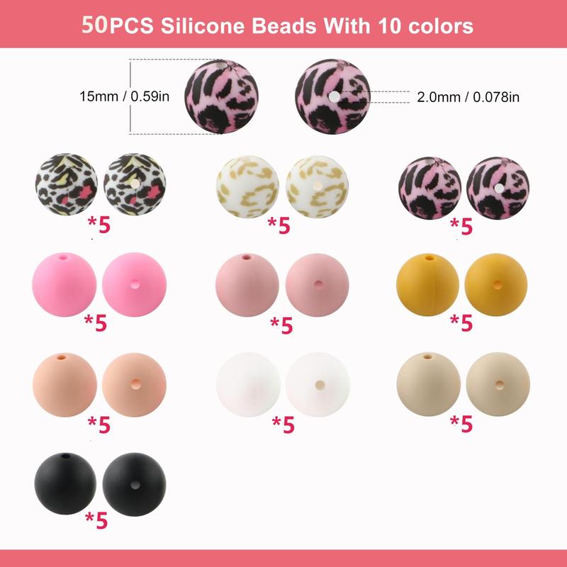 Mixed Color Bead (50pcs set), Leopard Pattern & Solid Color Silicone Bead, DIY Handmade Necklace, Plastic Pen Bead, Keychain, Car Decoration Chain, Bag Chain, Phone Chain, Bracelet Jewelry Supplies