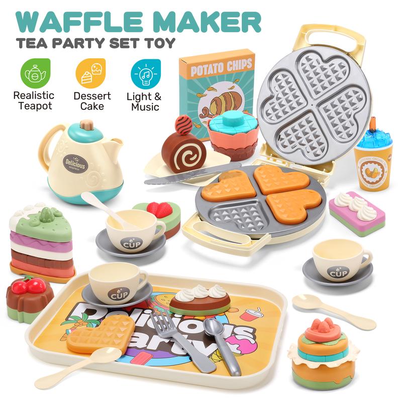 Toy Tea Set , 42 PCS Tea Party Set, Toy Waffle Maker with Light & Music, Including Dessert Cake, Teapot, Play Food for Kitchen Set, Gift for Birthday Christmas