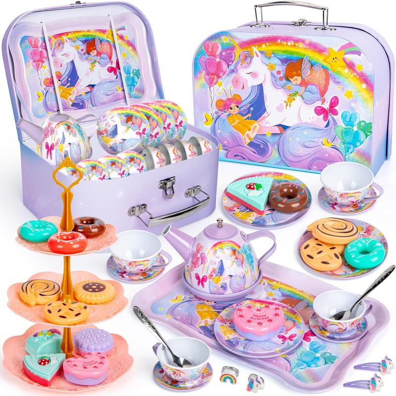 Christmas 32Pcs Unicorn Tea Party Set for Little Girls Princess Tea Time Toys Playset Including Tin Tea Set Carrying Case Food Sweet Hair Clips and Rings Unicorn Toys Gifts for Kids