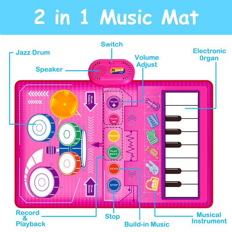 Musical Toys for Toddlers Piano Keyboard & Drum Mat, Music Sensory Play Mat Toys Developmental Toddler Girls Toy Birthday Gifts