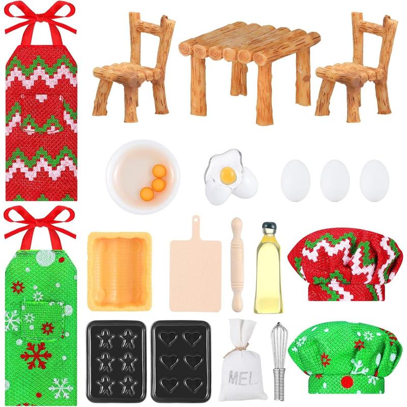 23 Pieces Christmas Elf Doll Accessories Set Include Miniature Baker Outfit Apron Chef Hats Rolling Pin Whisk Eggs Cookie Tray Mixing Bowl Cutting Board for Xmas Dollhouse, Doll Not Included