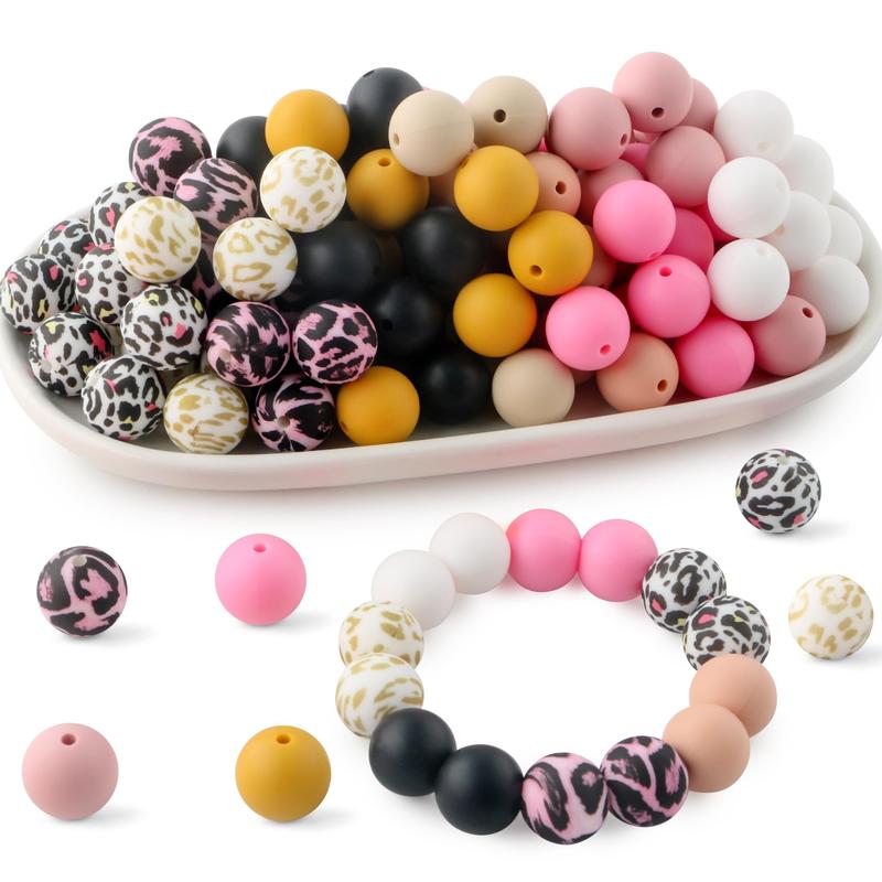 Mixed Color Bead (50pcs set), Leopard Pattern & Solid Color Silicone Bead, DIY Handmade Necklace, Plastic Pen Bead, Keychain, Car Decoration Chain, Bag Chain, Phone Chain, Bracelet Jewelry Supplies