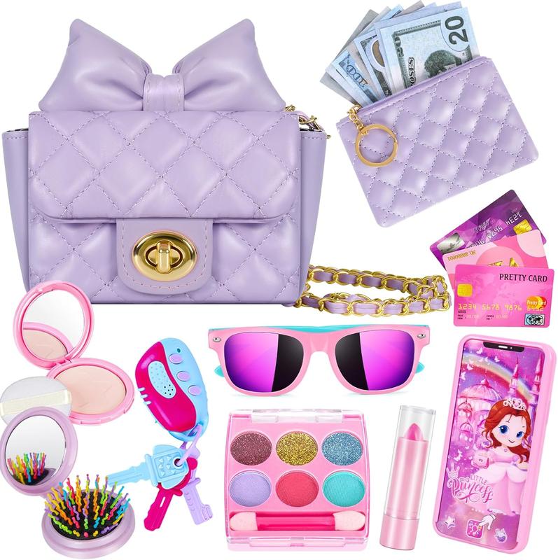 Christmas Little Girl Purse with Kids Makeup Kit, My First Purse Set with Chain Bag and More Pretend Play Toys, Princess Toys Christmas Birthday Gifts for Toddler Girl Age 3-8 (Purple)