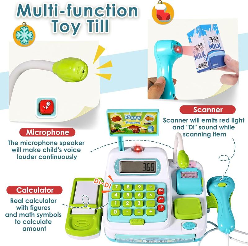 christmas gift for kids 49PCS Pretend Play Cash Register Toy Set for Kids with Real Calculator, Scanner, Microphone, Conveyor Belt,Playset - Green