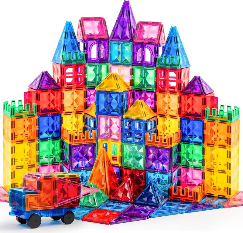 110pcs Magnetic Tiles Set with Vehicle for Creative 2D 3D Designs - STEM Educational Construction Toys for Kids