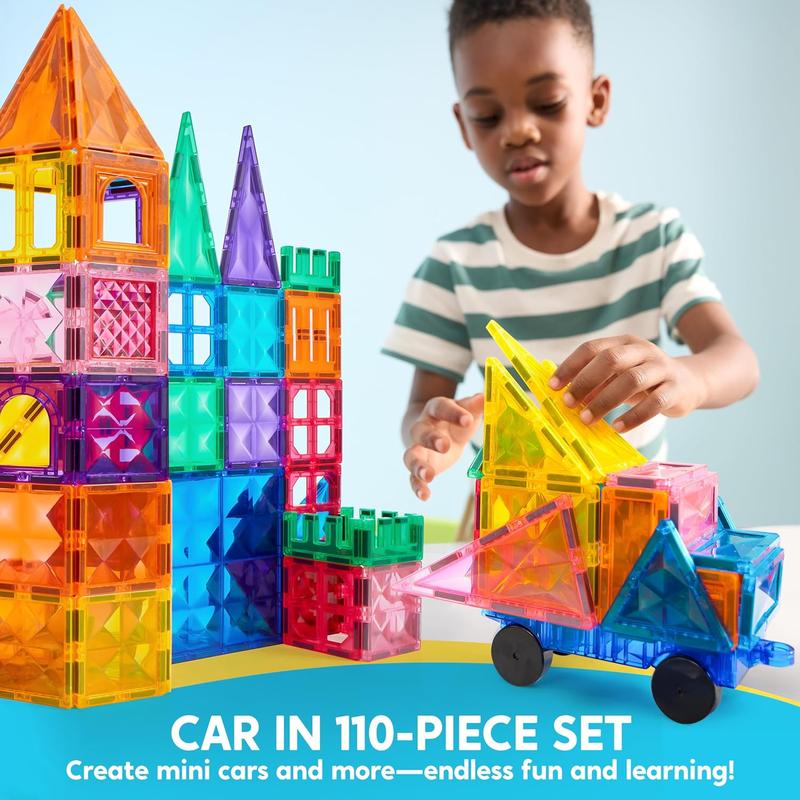 110pcs Magnetic Tiles Set with Vehicle for Creative 2D 3D Designs - STEM Educational Construction Toys for Kids