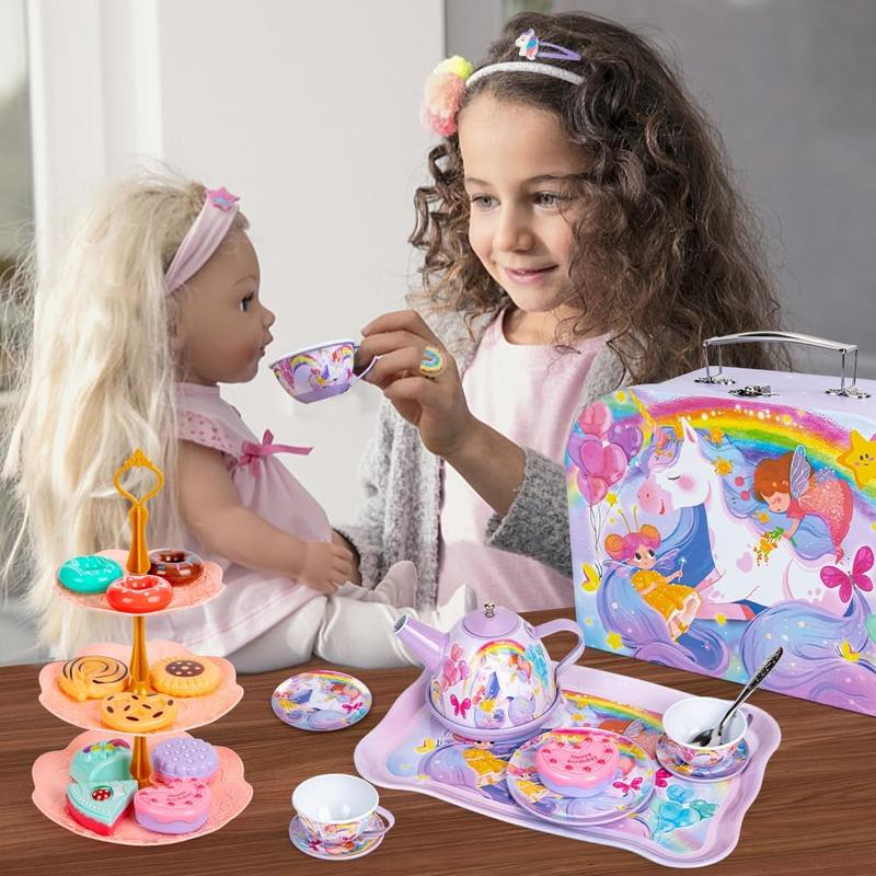 Christmas 32Pcs Unicorn Tea Party Set for Little Girls Princess Tea Time Toys Playset Including Tin Tea Set Carrying Case Food Sweet Hair Clips and Rings Unicorn Toys Gifts for Kids