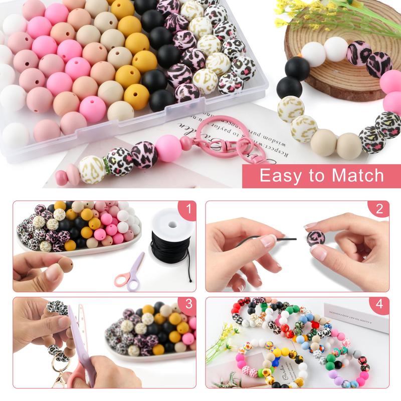 Mixed Color Bead (50pcs set), Leopard Pattern & Solid Color Silicone Bead, DIY Handmade Necklace, Plastic Pen Bead, Keychain, Car Decoration Chain, Bag Chain, Phone Chain, Bracelet Jewelry Supplies