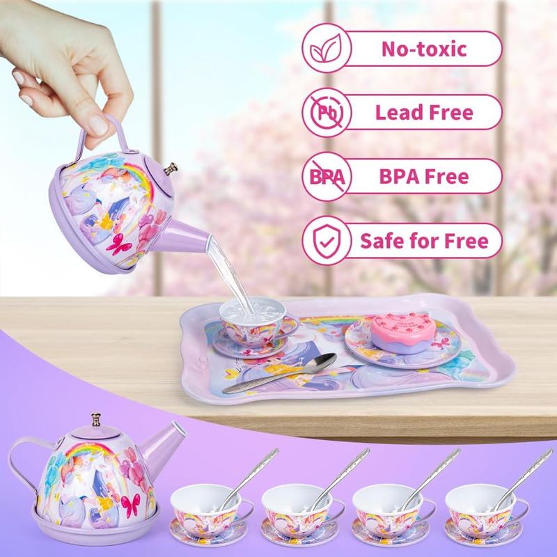 Christmas 32Pcs Unicorn Tea Party Set for Little Girls Princess Tea Time Toys Playset Including Tin Tea Set Carrying Case Food Sweet Hair Clips and Rings Unicorn Toys Gifts for Kids