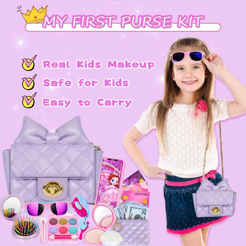 Christmas Little Girl Purse with Kids Makeup Kit, My First Purse Set with Chain Bag and More Pretend Play Toys, Princess Toys Christmas Birthday Gifts for Toddler Girl Age 3-8 (Purple)