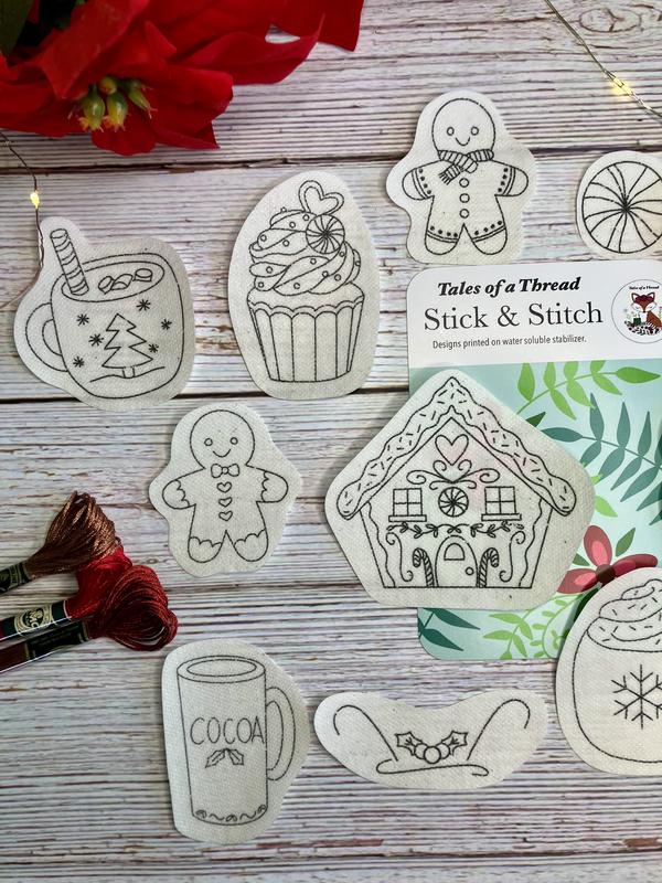 Stick and Stitch Cozy Holiday Baking Hand Embroidery Water Soluble Designs for Hoops, Clothes, Totes, Hats, Caps, T-Shirts, Sweatshirts