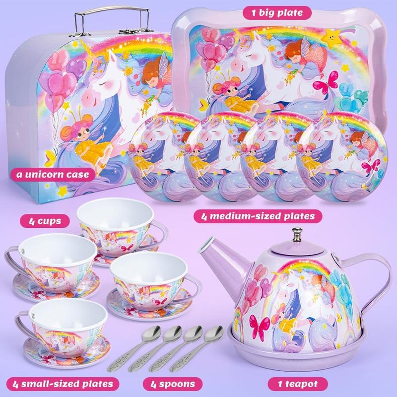 Christmas 32Pcs Unicorn Tea Party Set for Little Girls Princess Tea Time Toys Playset Including Tin Tea Set Carrying Case Food Sweet Hair Clips and Rings Unicorn Toys Gifts for Kids