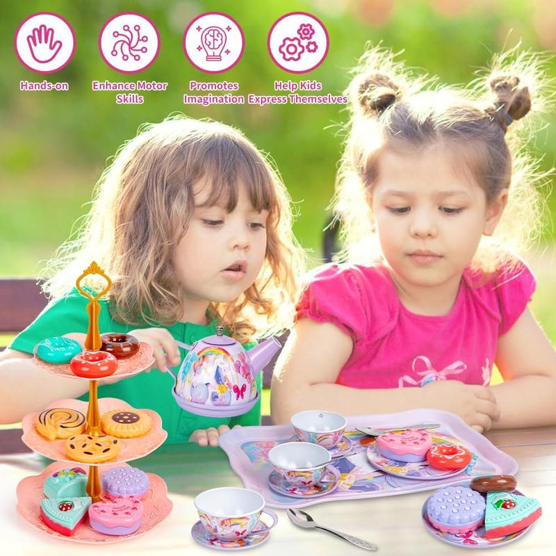 Christmas 32Pcs Unicorn Tea Party Set for Little Girls Princess Tea Time Toys Playset Including Tin Tea Set Carrying Case Food Sweet Hair Clips and Rings Unicorn Toys Gifts for Kids