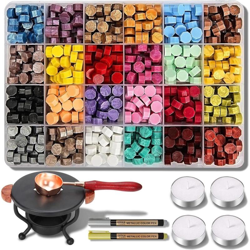 Sealing Wax Kit, 728 Pcs Wax Seal Stamp Kit with 24 Color Wax Seal Beads, 2 Pens, Wax Seal Warmer, Wax Stamp Spoon and Candles for Gift & Envelope Sealing, Wedding Invitation