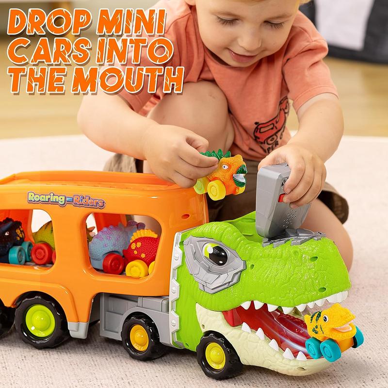 Dinosaur Truck Toy 6 Soft Rubber Dinosaur Car Vehicles w Music & Roaring Sound, Flashing Lights, Mini Dinosaur Car Playset For Boys Toy