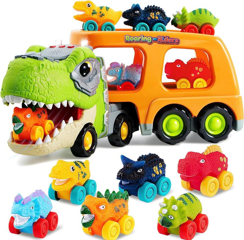 Dinosaur Truck Toy 6 Soft Rubber Dinosaur Car Vehicles w Music & Roaring Sound, Flashing Lights, Mini Dinosaur Car Playset For Boys Toy