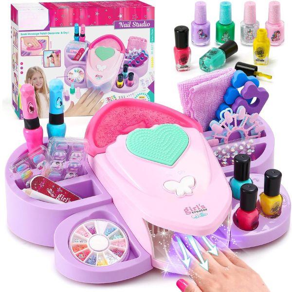 Christmas Kids Nail Polish Set for Girls Toy 6-12 Years Old, Nail Art Kit Storage Desk with Nail Dryer&Hand Massage Spa Kit, Kid Manicure Salon Studio Stuff Christmas Birthday Gift Girl