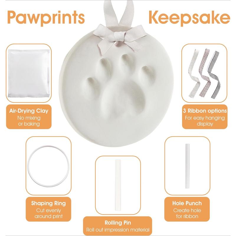 Pet Paw Print Keepsake Ornament Kit - DIY Hanging Clay Keepsake for Dogs & Cats, Pet's First Christmas Ornament, Customized Family Ornament, 3 Ribbons